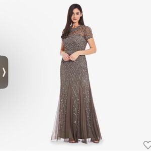 Adrianna Papell Embellished Short-Sleeve Evening Gown in gray/taupe
